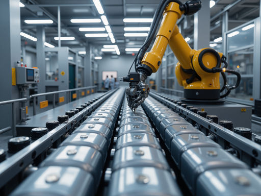 智能制造场景,显示生产线监控界面,机器人手臂操作,工厂车间背景